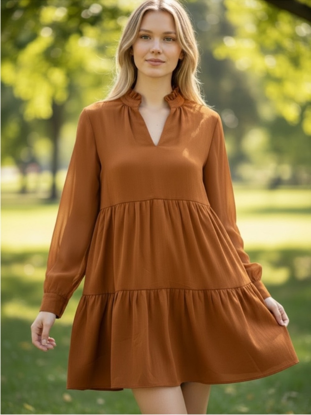 Tiered Ruffle Long-Sleeve Dress - Burnt Orange- XS